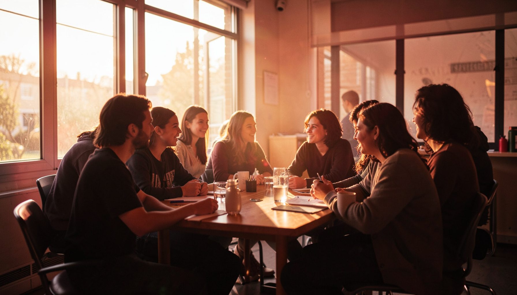 Groupe d'étudiants en discussion autour d'une table lors d'un atelier, lumière naturelle traversant de grandes baies vitrées
